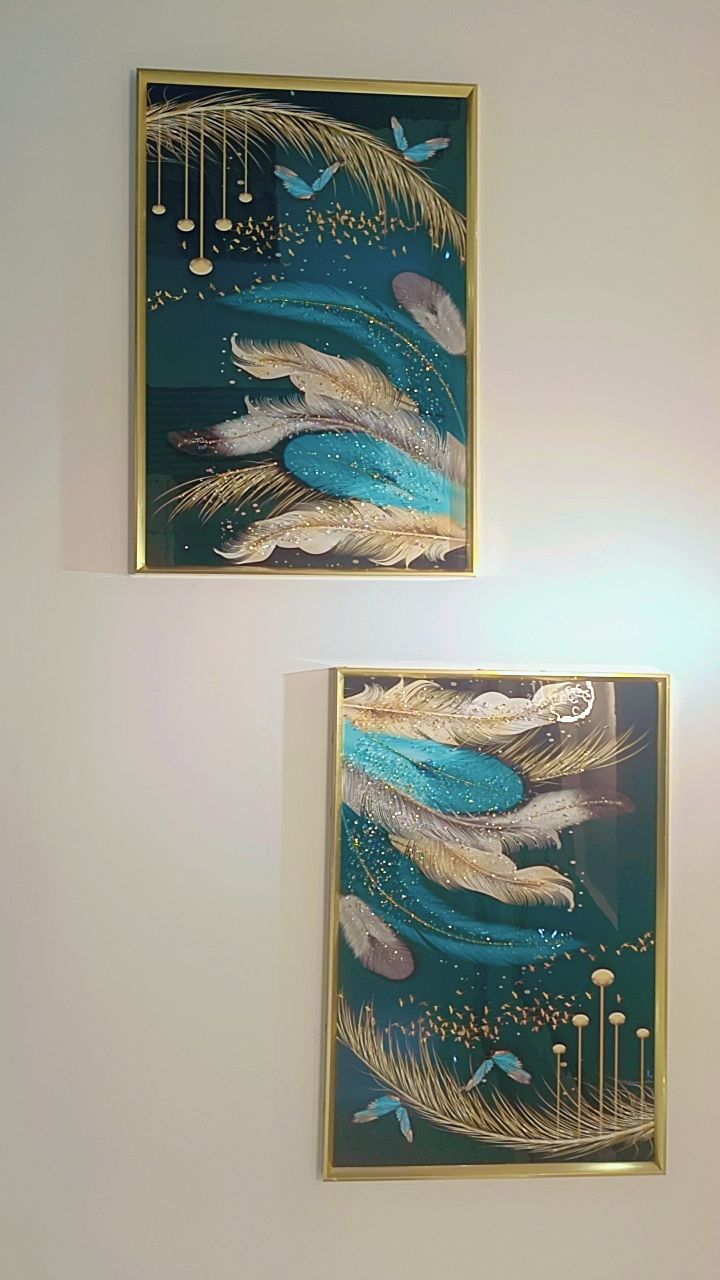 Two framed artworks with abstract designs featuring birds and feathers.