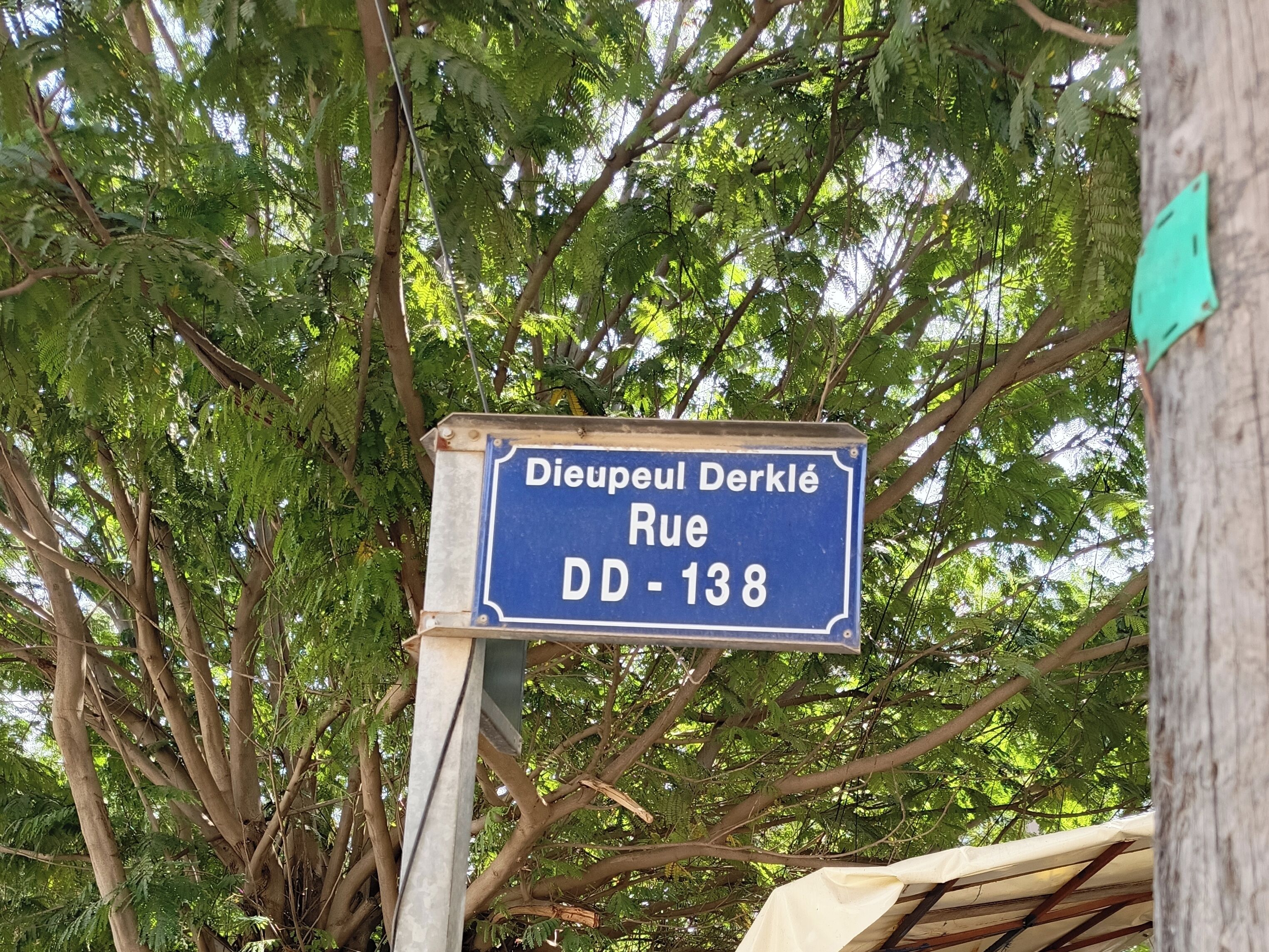 Un cartello stradale con la scritta "Dieupéul Derklé Rue DD-138" sullo sfondo di una fitta vegetazione verde.