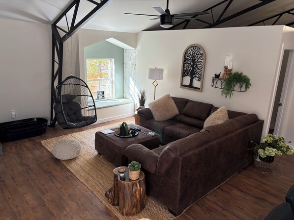 Smart TV, fireplace, books