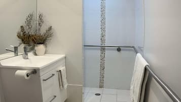 Hair dryer, towels, soap, toilet paper