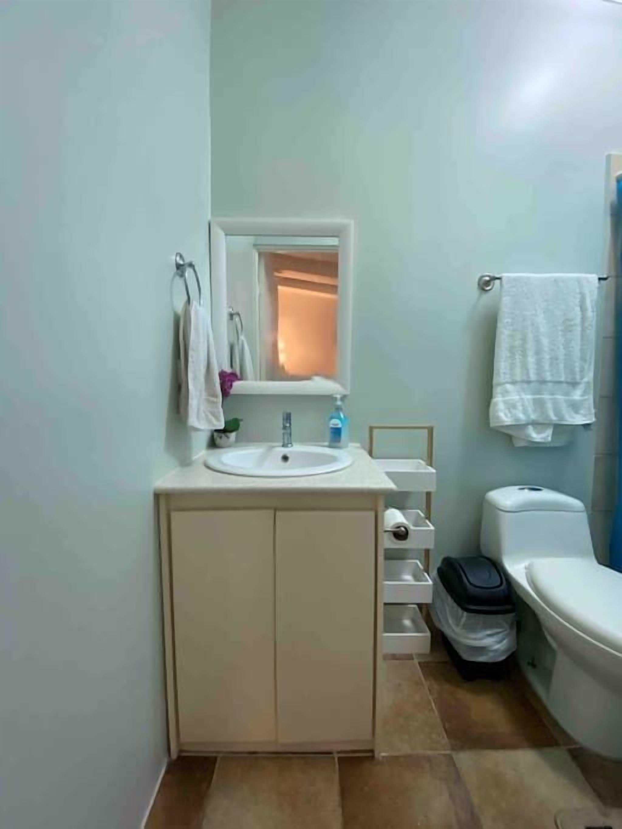 A bathroom with a sink, mirror, toilet, and a small trash bin.
