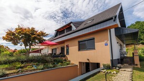 A modern two-story house with a balcony, a paved pathway, and a garden area.