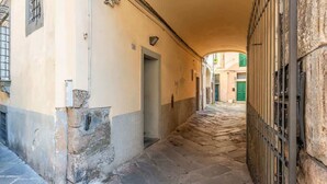 Un stretto vicolo lastricato in pietra con soffitto curvo, delimitato da edifici dalle pareti chiare e un cancello in metallo sulla destra.
