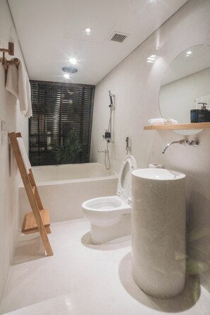 Regadera, secadora de cabello, bidet, toallas