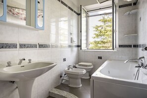 Shower, jetted bath, hair dryer, bidet