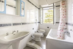 Shower, jetted bath, hair dryer, bidet