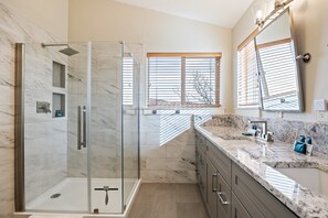 Shower, hair dryer, towels - Prime Location, 2 Primary Suites, 5 Minutes to Canyons,  Private Hot Tub, View of Olympic Park! (Park City)