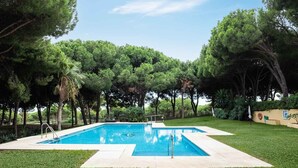 A rectangular swimming pool with a tiled deck, surrounded by well-maintained grass and trees.