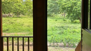 Uitzicht vanuit een kamer met een houten deur en raam, op een grasveld met bomen en een hek.