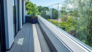 A balcony with a wooden floor, a potted plant, and a glass railing overlooking greenery.