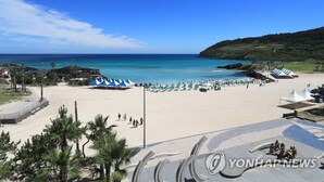 A beach with tents and umbrellas, a clear sky, and a calm sea. - EUDAIMONIA (Jeju City)