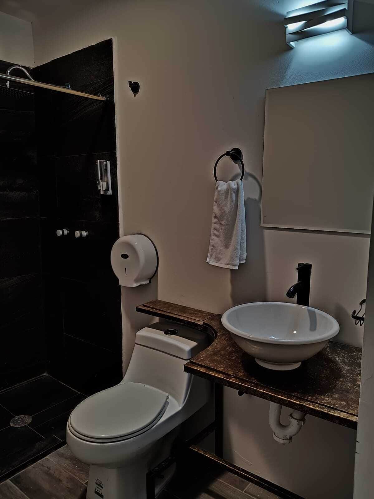 A modern bathroom with a toilet, sink, and shower.