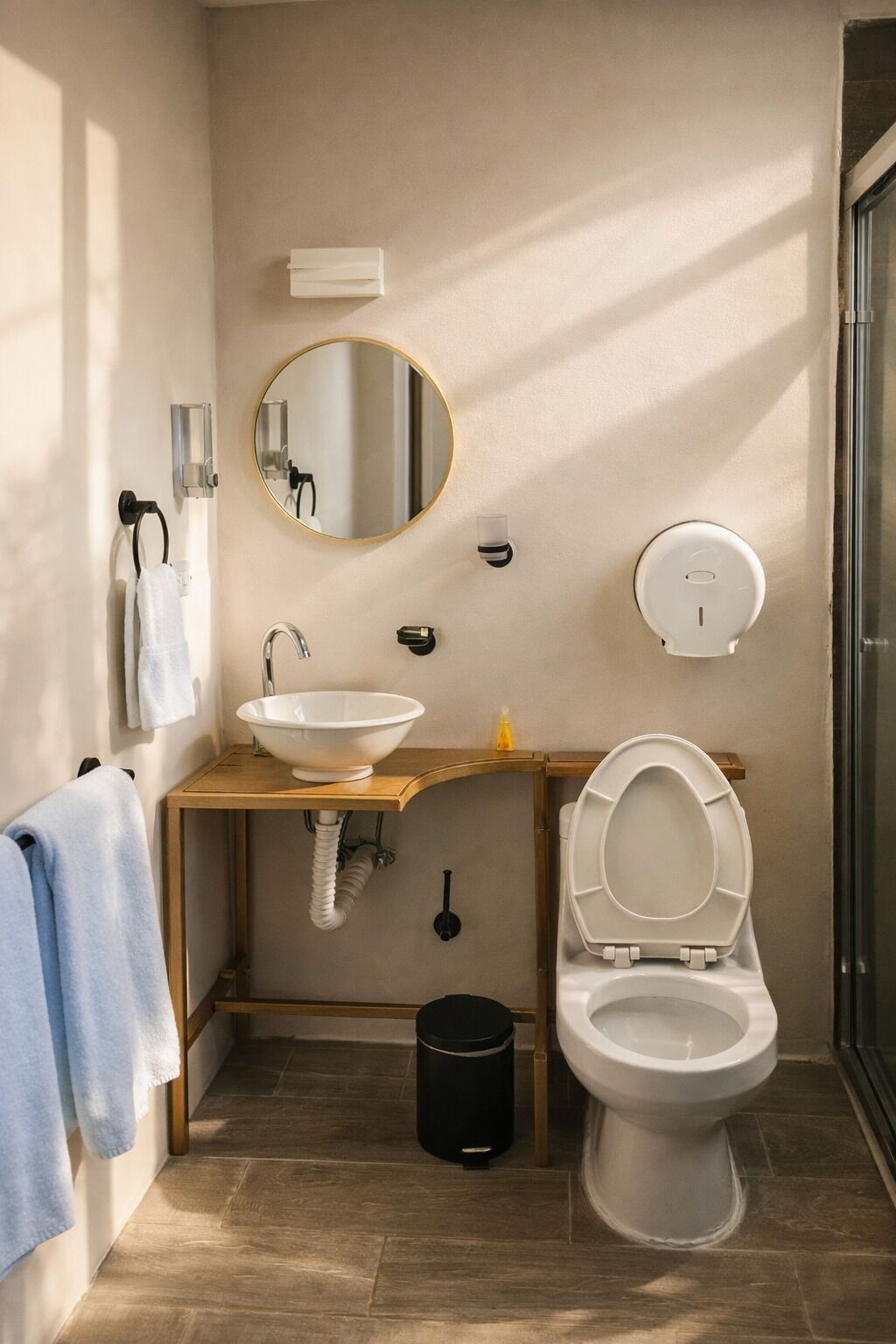 Un baño con lavamanos, espejo, inodoro y cubo de basura.