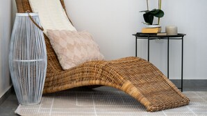 Una silla de mimbre con cojín, un jarrón alto a rayas, y una mesita con una planta en maceta y libros.
