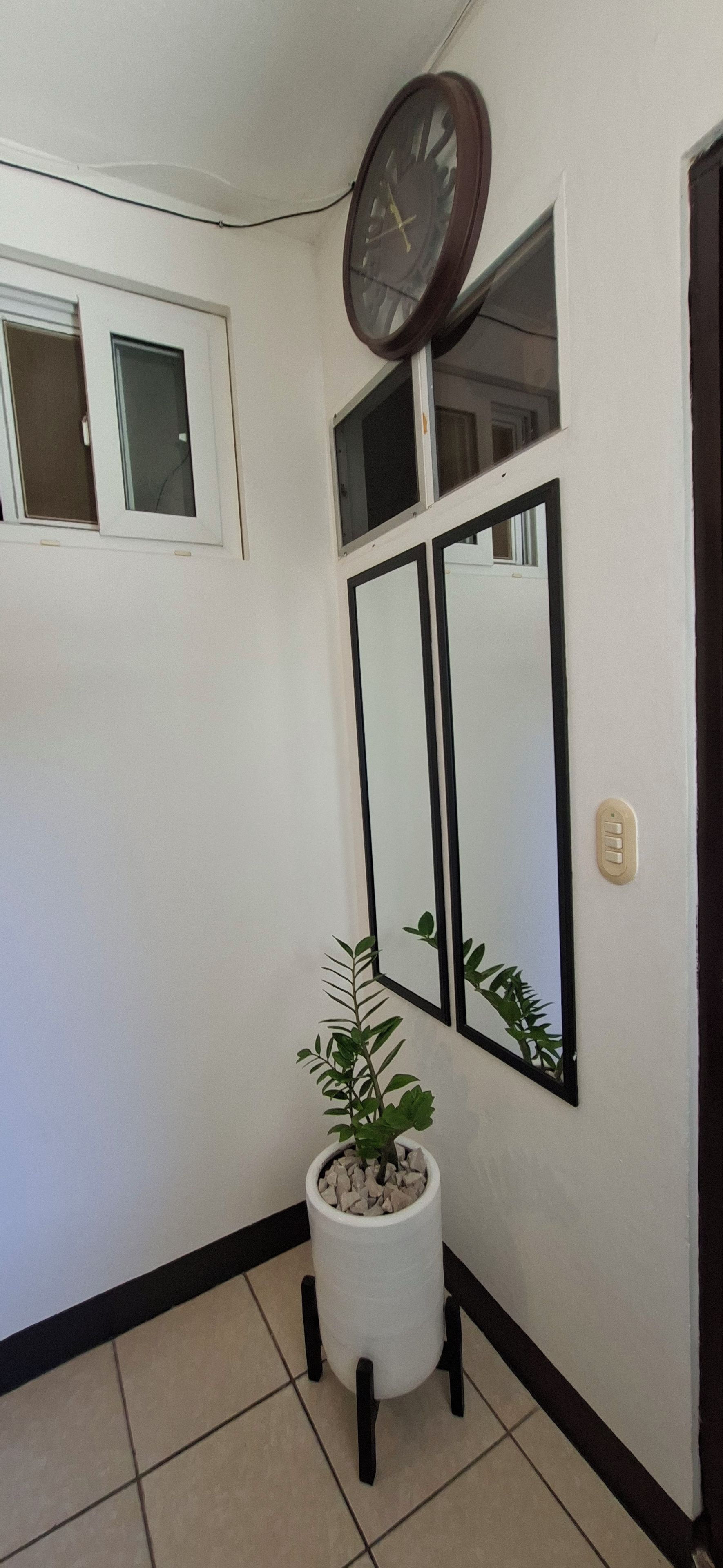 A hallway with a potted plant, a clock, and a door with a window.