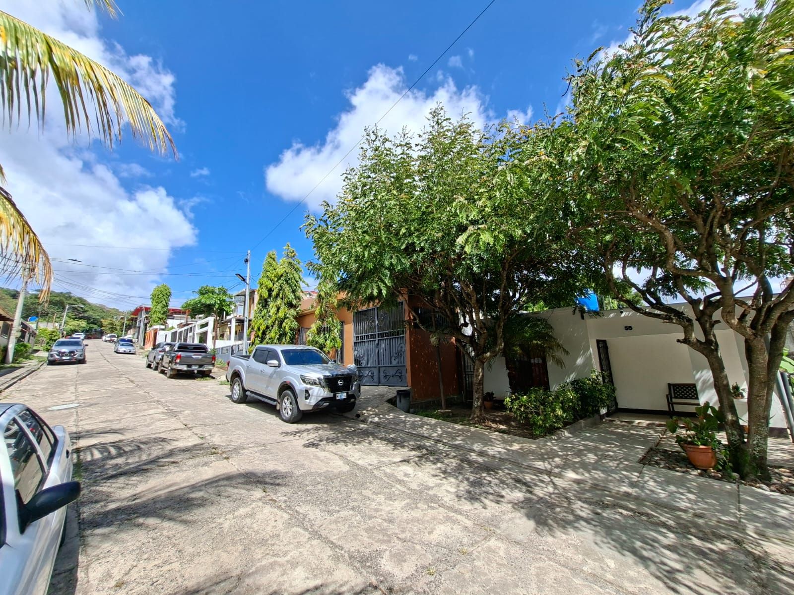 A residential street with parked cars, houses, and trees.