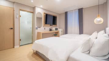 Hypo-allergenic bedding, desk, laptop workspace, soundproofing