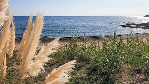 Un paisaje costero con cielo despejado, playa arenosa y afloramientos rocosos.