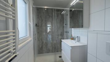 A modern bathroom with a glass shower enclosure, a white sink, and a mirror above the vanity.