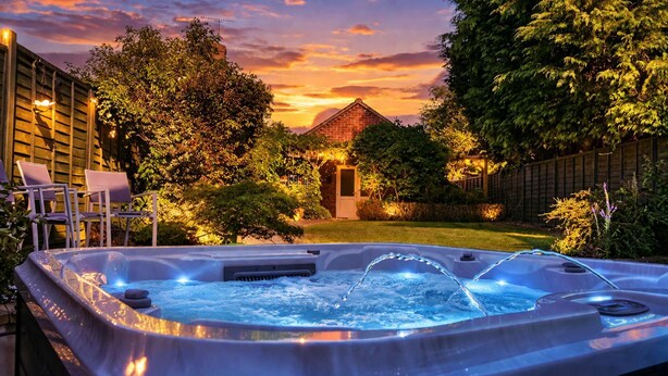 Un jacuzzi con chorros de agua, rodeado por una terraza de madera, sillas y un jardín con árboles y un edificio de ladrillo al fondo.