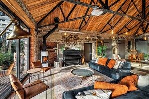 Televisión, chimenea, libros