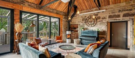 TV, lareira, livros, aparelho de som