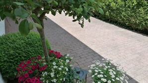 Un chemin pavé bordé de parterres de fleurs rouges et blanches, avec un arbre et une haie.