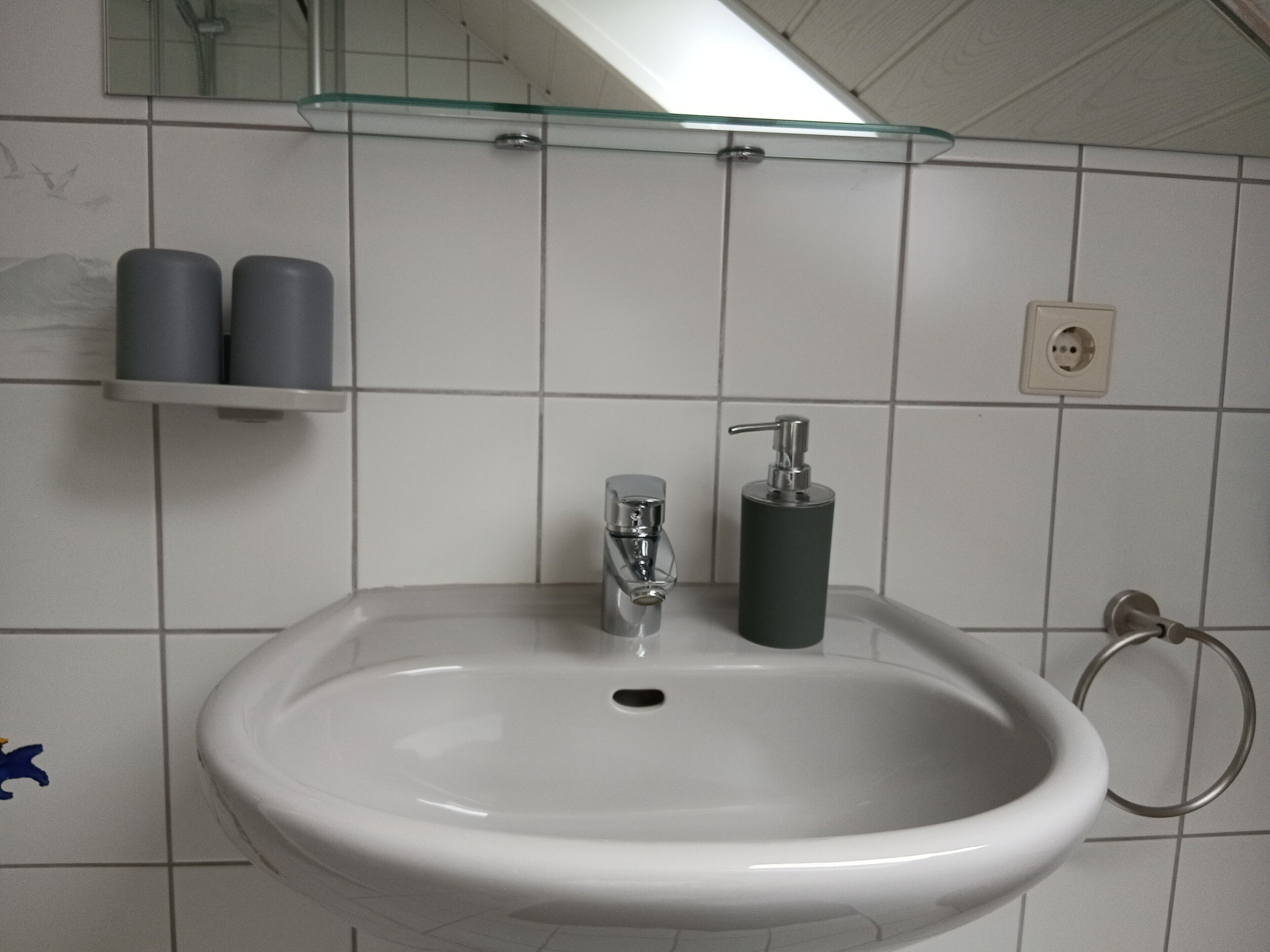 A bathroom with a white sink, a glass shelf with two bottles, a soap dispenser, and a towel ring.