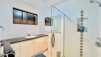 Hair dryer, bidet, towels, soap