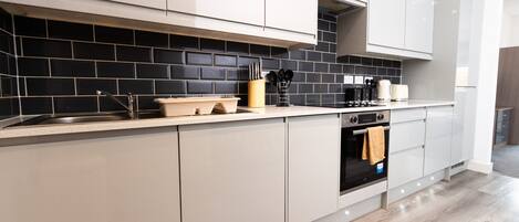 Fridge, microwave, oven, dishwasher