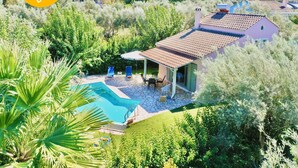 A residential property with a swimming pool, patio, and surrounding greenery. - Beach Villa Fotini with private pool (Lefkada)