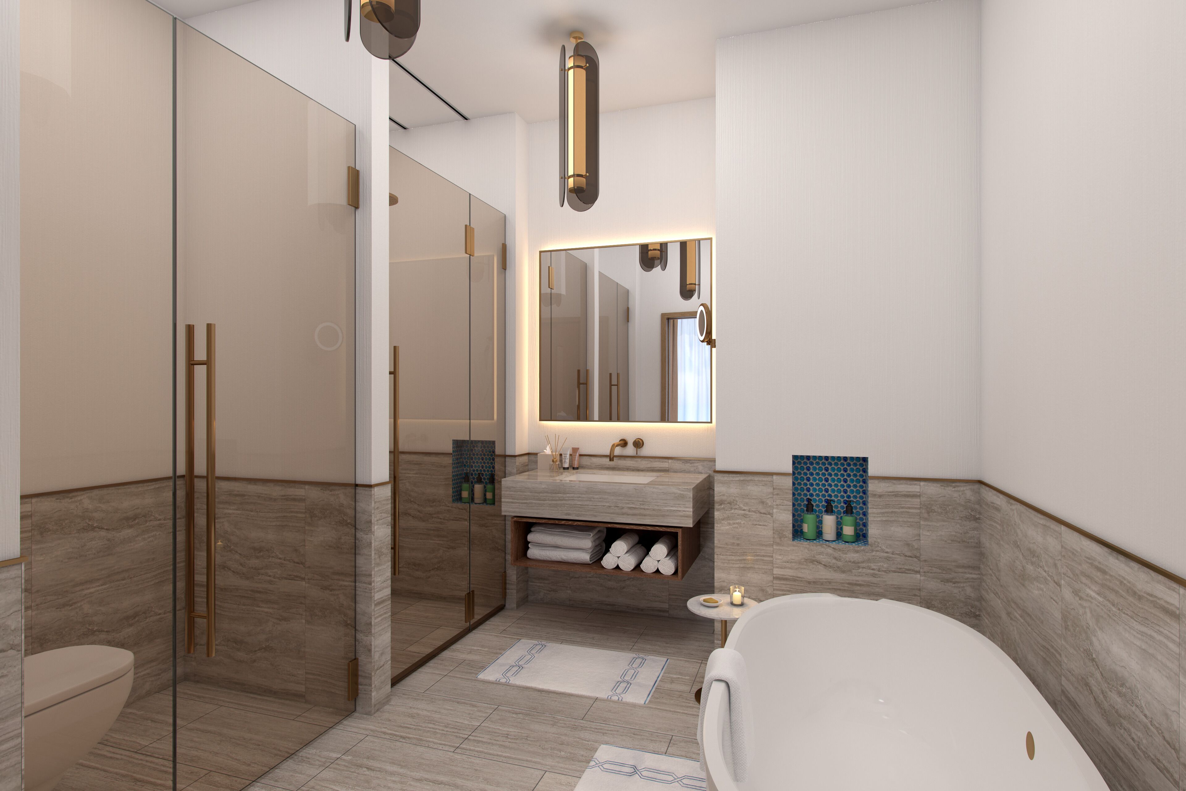 A modern bathroom with a glass shower enclosure, a vanity with a mirror, and a bathtub.