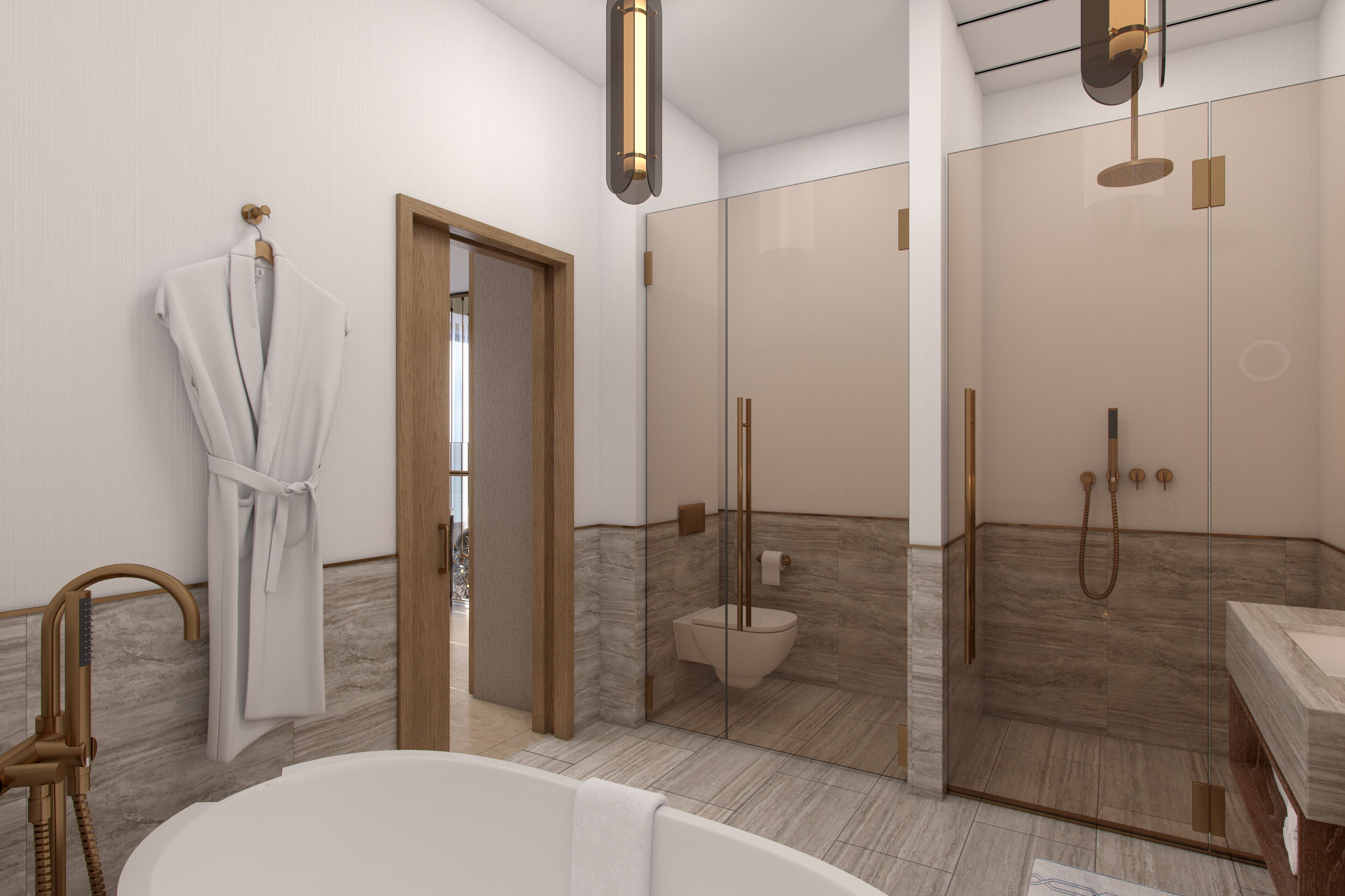 Un baño moderno con bañera, ducha con mampara de vidrio, inodoro y una bata colgada en un perchero.