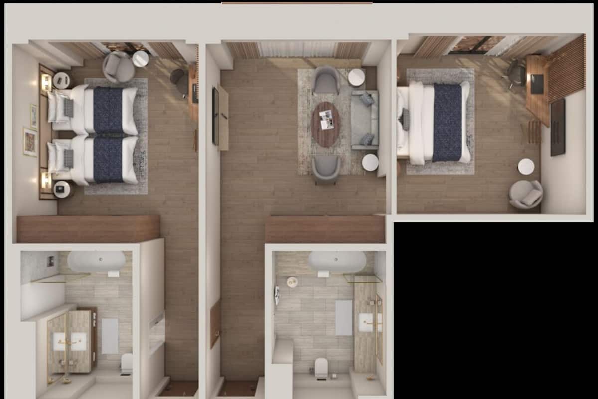 Club-suite - 2 soveværelser | Allergivenligt sengetøj, pengeskab på værelset, skrivebord