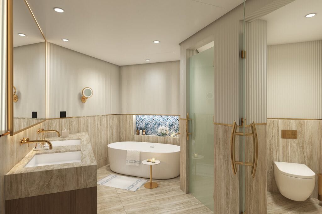 A modern bathroom with a freestanding bathtub, a vanity with a sink, and a toilet.