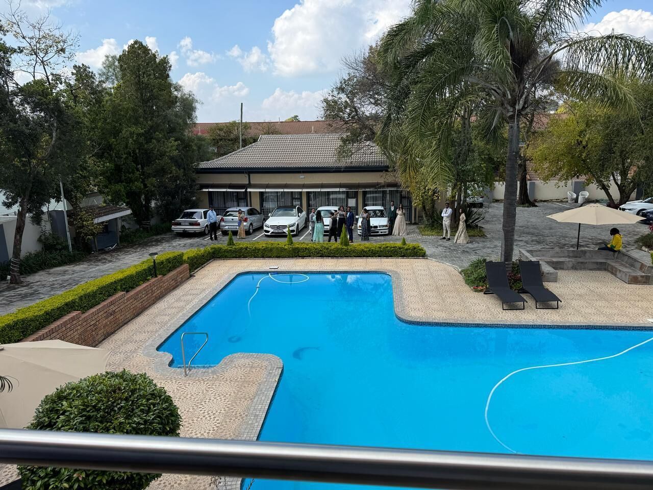 A swimming pool with a tiled deck, surrounded by palm trees and a building in the background.