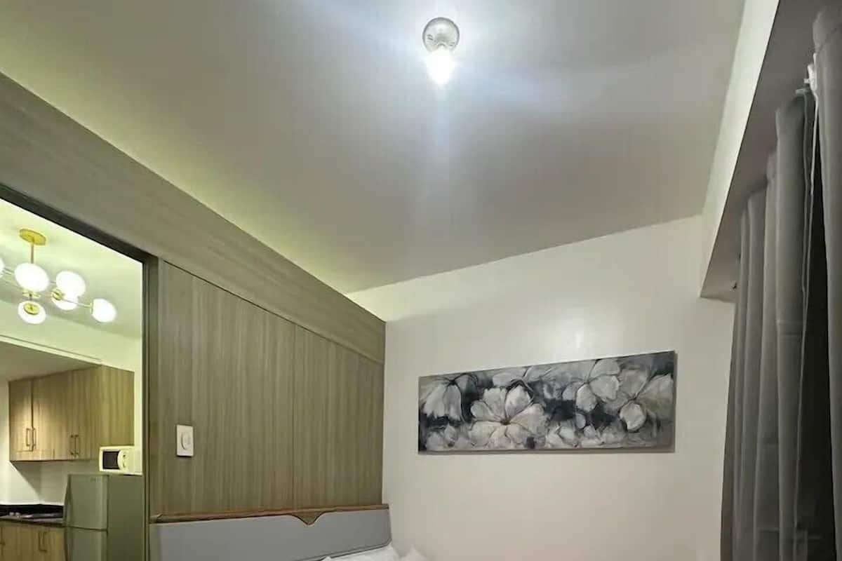 A bedroom with a bed, a painting, a ceiling light, and a view into the kitchen.