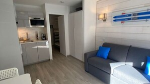 A compact living space with a kitchenette, a gray sofa with blue cushions, and a wall-mounted ski rack.