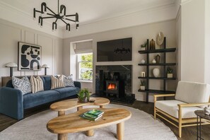 TV connectée, cheminée, livres