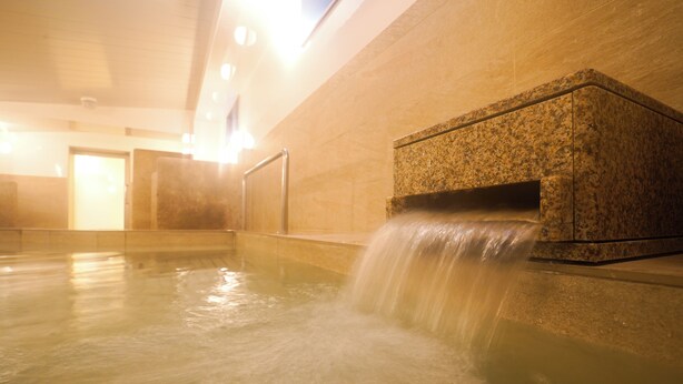A spa area with a water feature and a stone bench. - Hotel New Gaea Nishi Kumamoto Ekimae (Kumamoto)