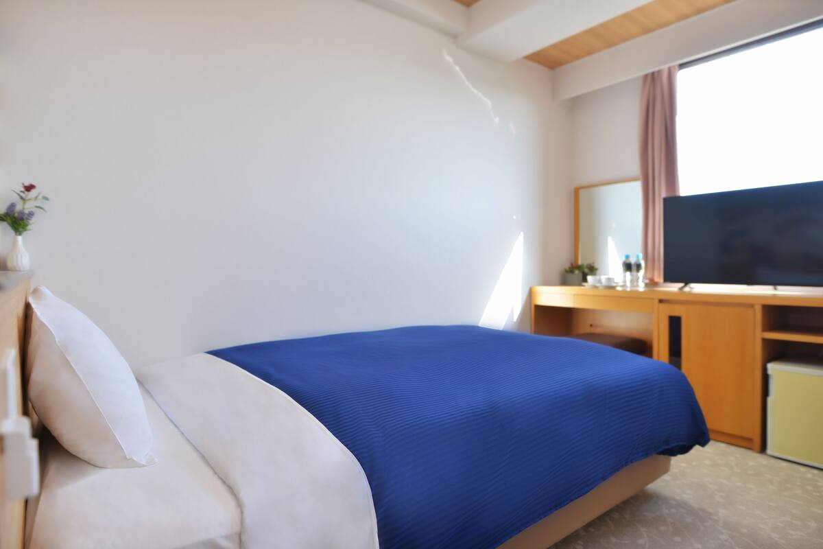 A bedroom with a bed, a desk, a television, and a window with curtains.
