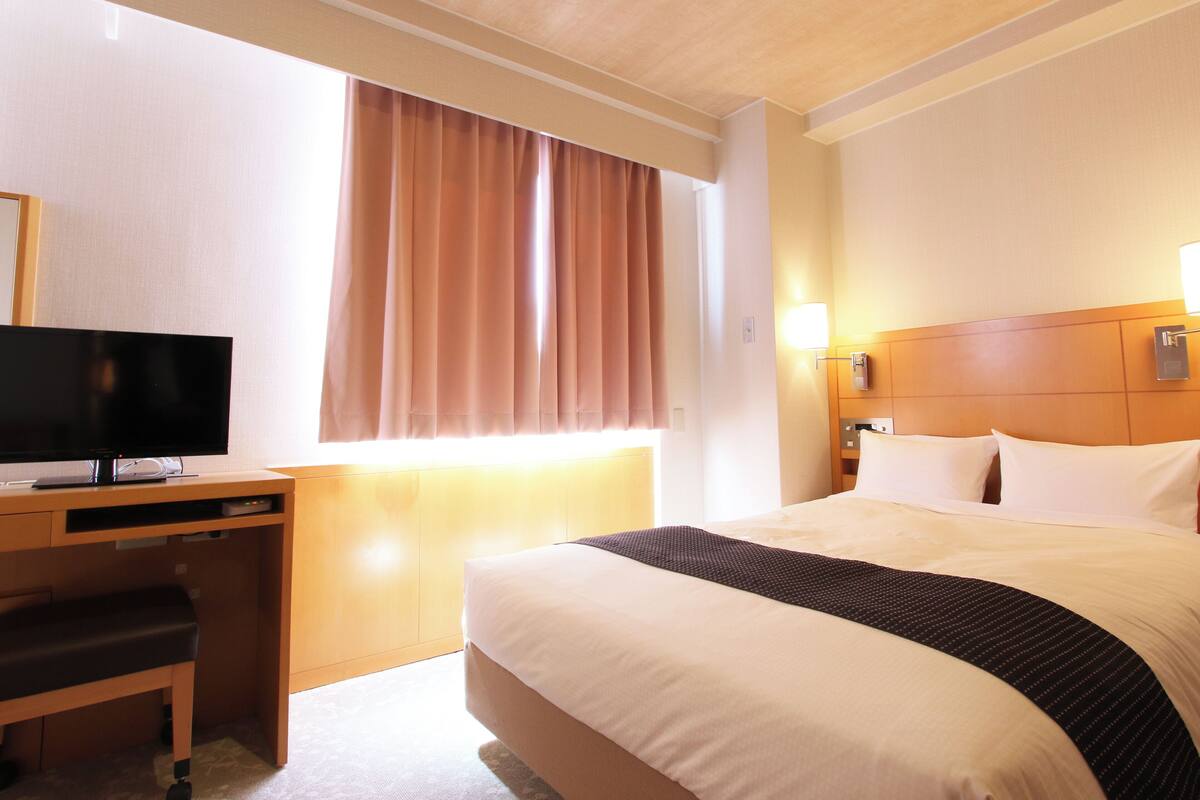 A hotel room with a bed, a desk with a computer, and a television.