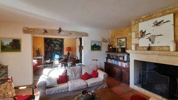 Télévision, cheminée, lecteur de DVD, baby-foot