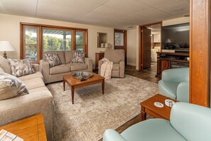 Smart TV, fireplace, books