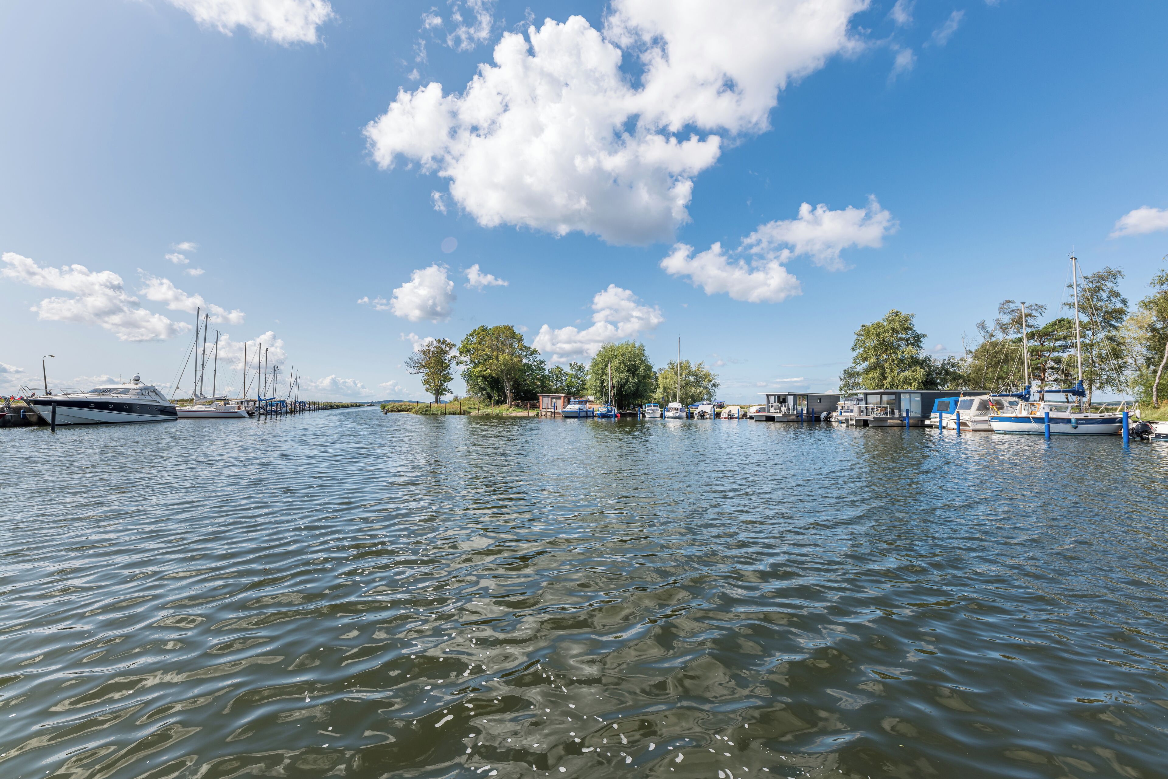 A marina with boats docked, calm water, and trees in the background.