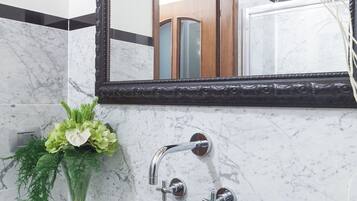 Shower, hair dryer, bidet, towels