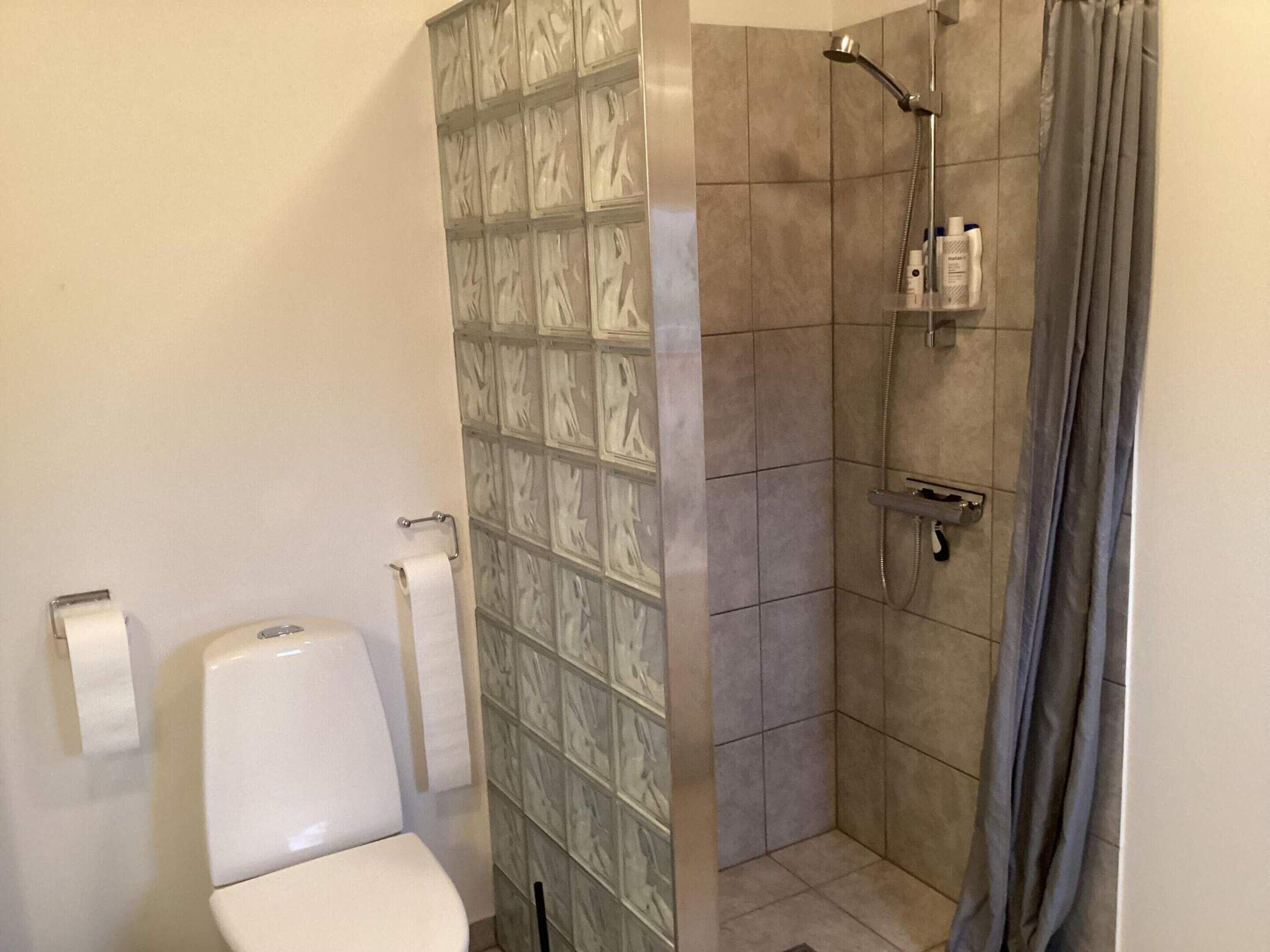 A bathroom with a toilet, a shower with a glass door, and a towel rack.
