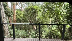 A wooden deck with a metal railing, surrounded by dense forest. - Warburton Hideaway | MTB and Family Friendly (Warburton)