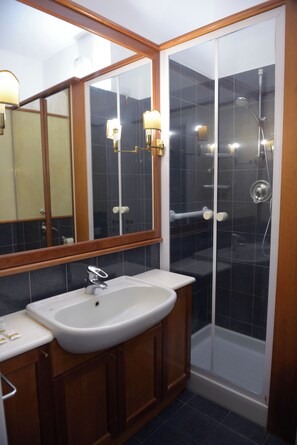 Shower, hair dryer, bidet, towels