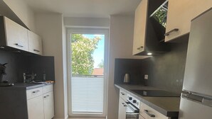 Een moderne keuken met een centraal kookeiland, ingebouwde apparatuur en uitzicht op het buiten.